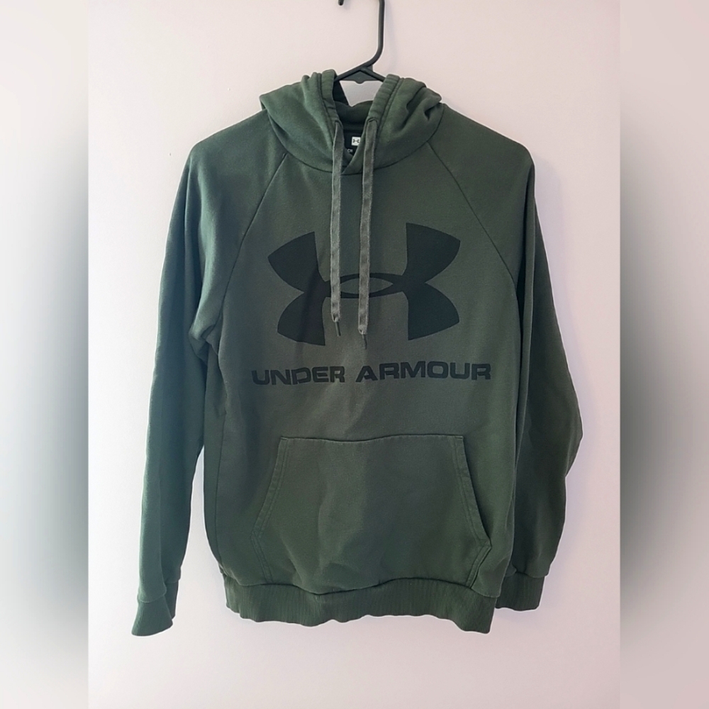 Under Armour Men's Small Green Black Print Logo Hooded Pocket Pullover Sweater